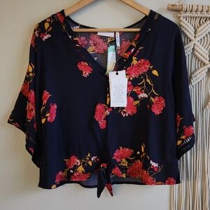 LUQ Stitch Fix Navy‎ Blue Floral Tie Front Top - Size Small - New With Tags